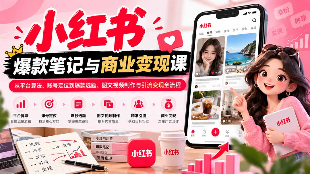 2026小红书爆款笔记与商业变现课:从平台算法、账号定位到爆款选题、图文视频制作与引流变现全流程-阿灿学库