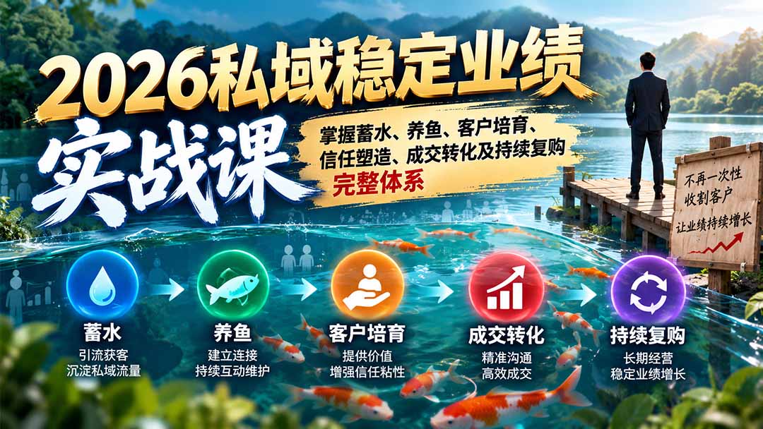 2026私域稳定业绩实战课：掌握蓄水、养鱼、客户培育、信任塑造、成交转化及持续复购完整体系-阿灿学库