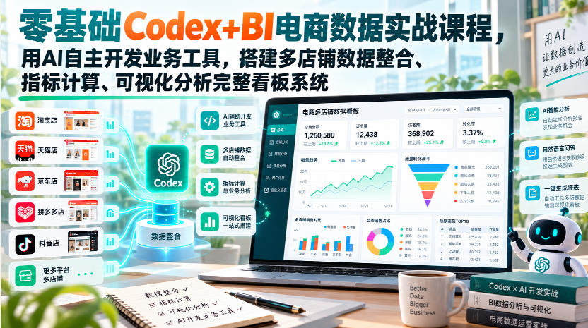 零基础Codex+BI电商数据实战课程,用AI自主开发业务工具,搭建多店铺数据整合、指标计算、可视化分析完整看板系统-阿灿学库