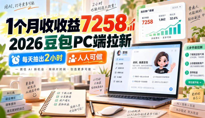 1个月收收益7258，2026豆包PC端拉新，每天抽出2小时，人人可做-阿灿学库