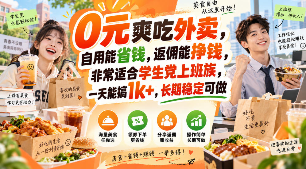 0元爽吃外卖，自用能省钱，返佣能挣钱，非常适合学生党上班族，一天能搞1k+，长期稳定可做-阿灿学库
