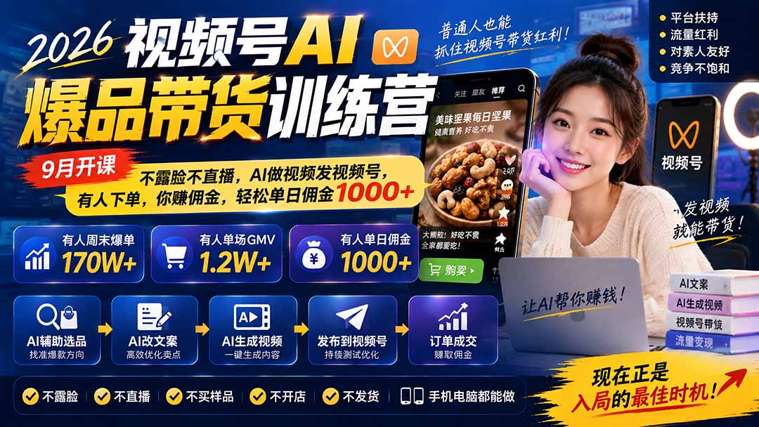 2026视频号AI爆品带货训练营-9月开课｜不露脸不直播，AI做视频发视频号，有人下单，你赚佣金，轻松单日佣金1000+-阿灿学库