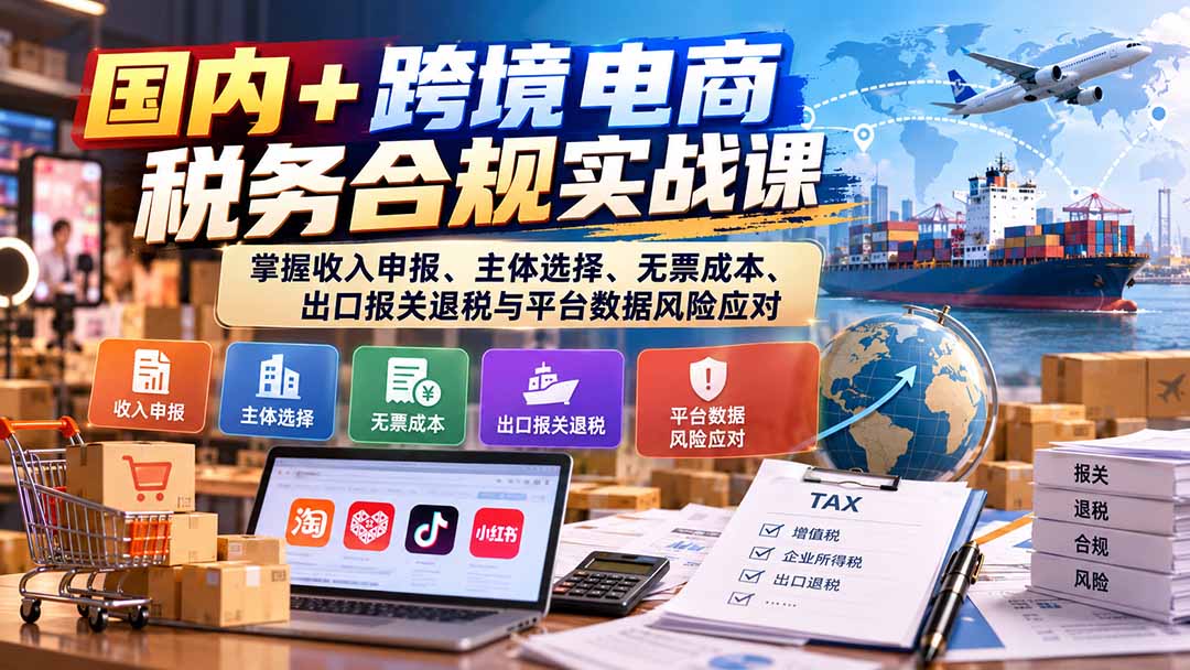 国内+跨境电商税务合规实战课:掌握收入申报、主体选择、无票成本、出口报关退税与平台数据风险应对-阿灿学库