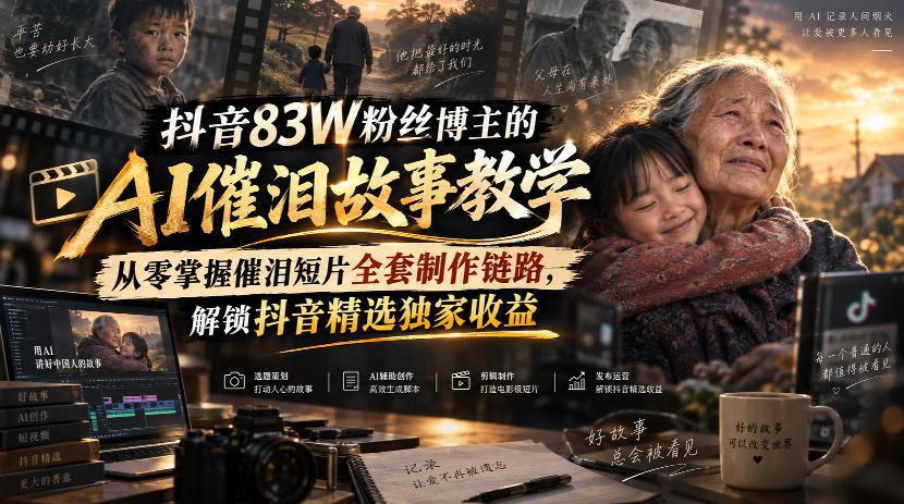 抖音83W粉丝博主的AI催泪故事教学,从零掌握催泪短片全套制作链路,解锁抖音精选独家收益-阿灿学库