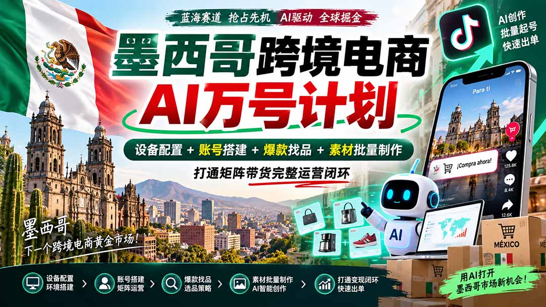 墨西哥AI跨境电商万号计划|设备配置+账号搭建+爆款找品+素材批量制作,打通矩阵带货完整运营闭环-阿灿学库