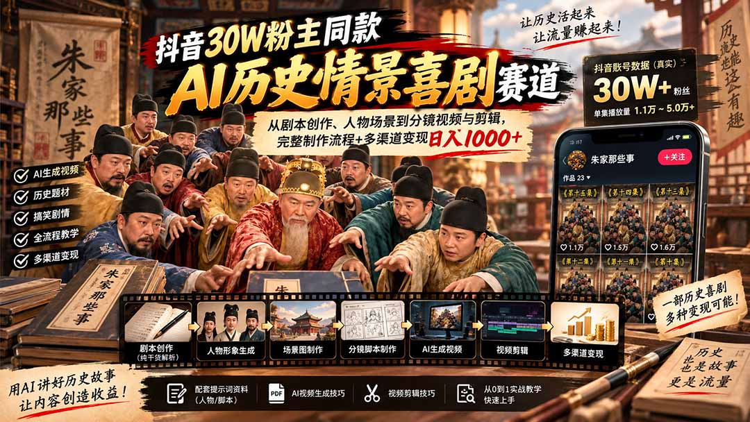 抖音30W粉博主同款AI历史情景喜剧赛道：从剧本创作、人物场景到分镜视频与剪辑，完整制作流程+多渠道变现日入1000+-阿灿学库