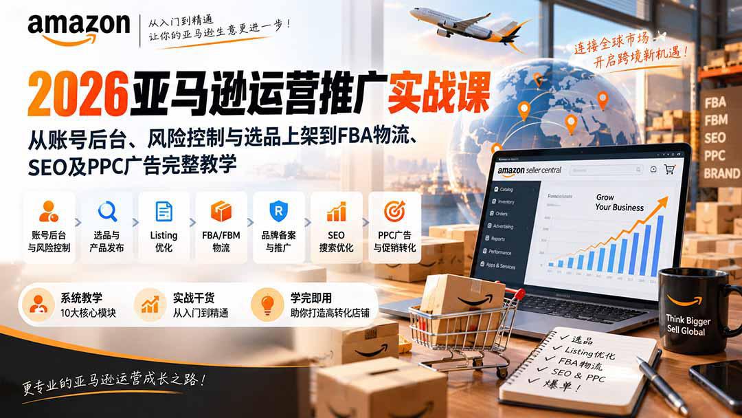 2026亚马逊运营推广实战课：从账号后台、风险控制与选品上架到FBA物流、SEO及PPC广告完整教学-阿灿学库