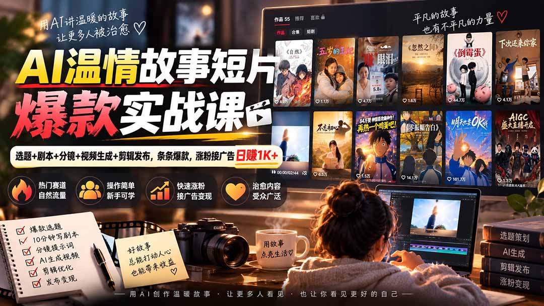AI温情故事短片爆款实战课-更新｜选题+剧本+分镜+视频生成+剪辑发布，条条爆款，涨粉接广告日赚1K+-阿灿学库