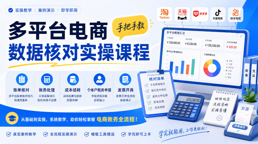 多平台电商数据核对实操课程,手把手教账单核对、账务处理、成本结转、个体户税务申报与发票开具-阿灿学库