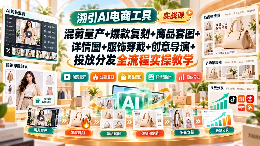 溯引AI电商工具实战课:混剪量产+爆款复刻+商品套图+详情图+服饰穿戴+创意导演+投放分发全流程实操教学-阿灿学库