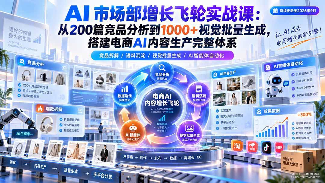 AI 市场部增长飞轮实战课：从200篇竞品分析到1000+视觉批量生成，搭建电商AI内容生产完整体系-阿灿学库