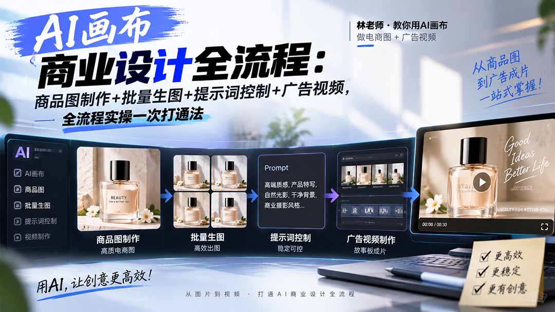 AI画布商业设计全流程:商品图制作+批量生图+提示词控制+广告视频,全流程实操一次打通法-阿灿学库