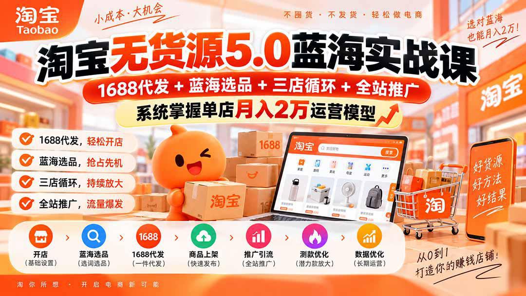 淘宝无货源5.0蓝海实战课-更新:1688代发+蓝海选品+三店循环+全站推广,系统掌握单店月入2万运营模型-阿灿学库