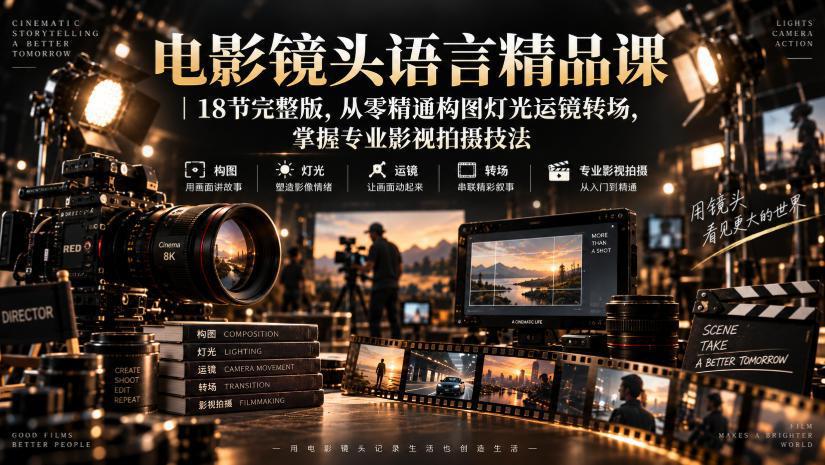 电影镜头语言精品课|18节完整版,从零精通构图灯光运镜转场,掌握专业影视拍摄技法-阿灿学库