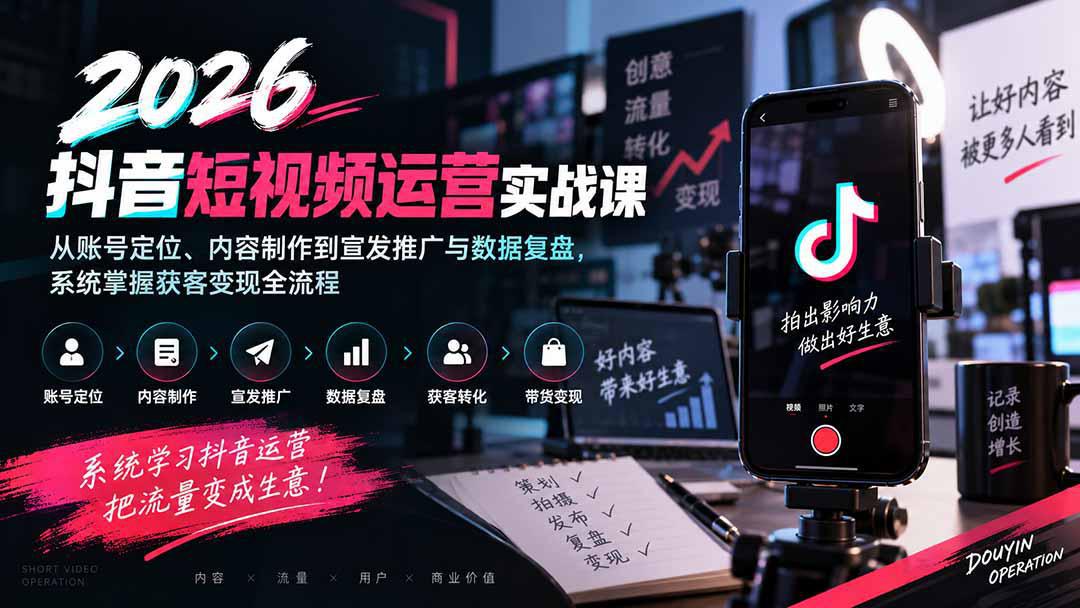 2026抖音短视频运营实战课：从账号定位、内容制作到宣发推广与数据复盘，系统掌握获客变现全流程-阿灿学库
