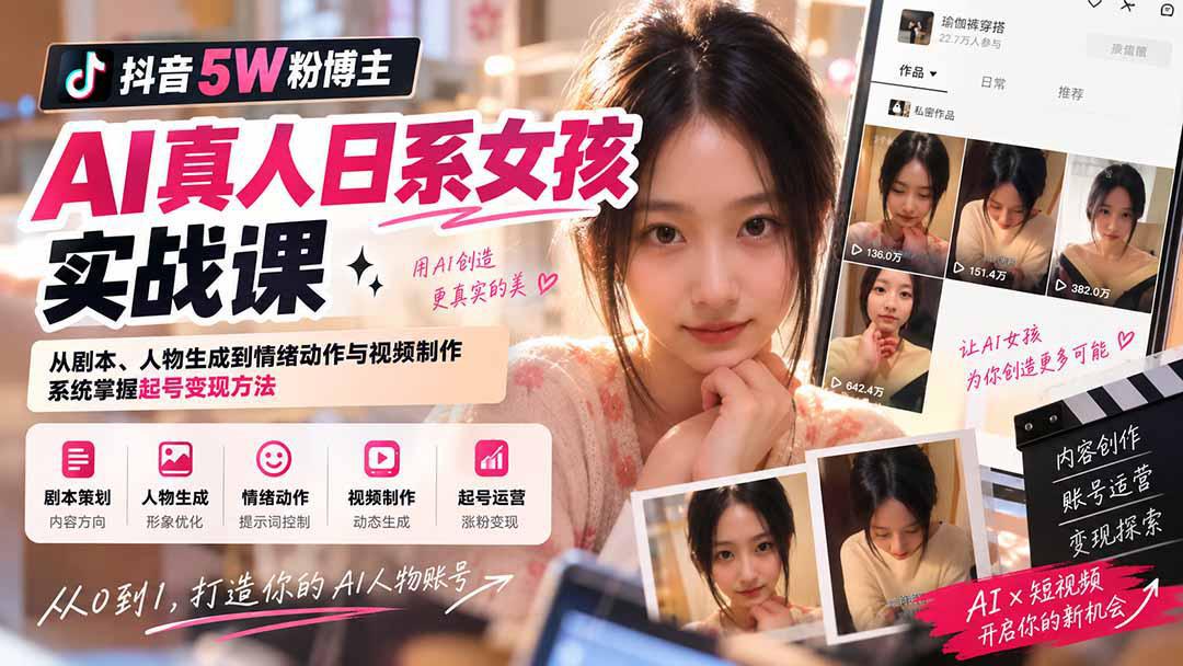 抖音5W粉博主AI真人日系女孩实战课:从剧本、人物生成到情绪动作与视频制作,系统掌握起号变现方法-阿灿学库