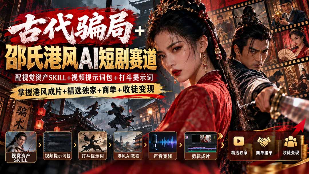 古代骗局+邵氏港风AI短剧赛道:配视觉资产SKILL+视频提示词包+打斗提示词,掌握港风成片+精选独家+商单+收徒变现-阿灿学库