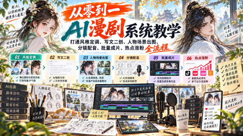 从零到一AI漫剧系统教学，打通风格定调、写文二创、人物场景出图、分镜配音、批量成片、热点涨粉全流程-阿灿学库