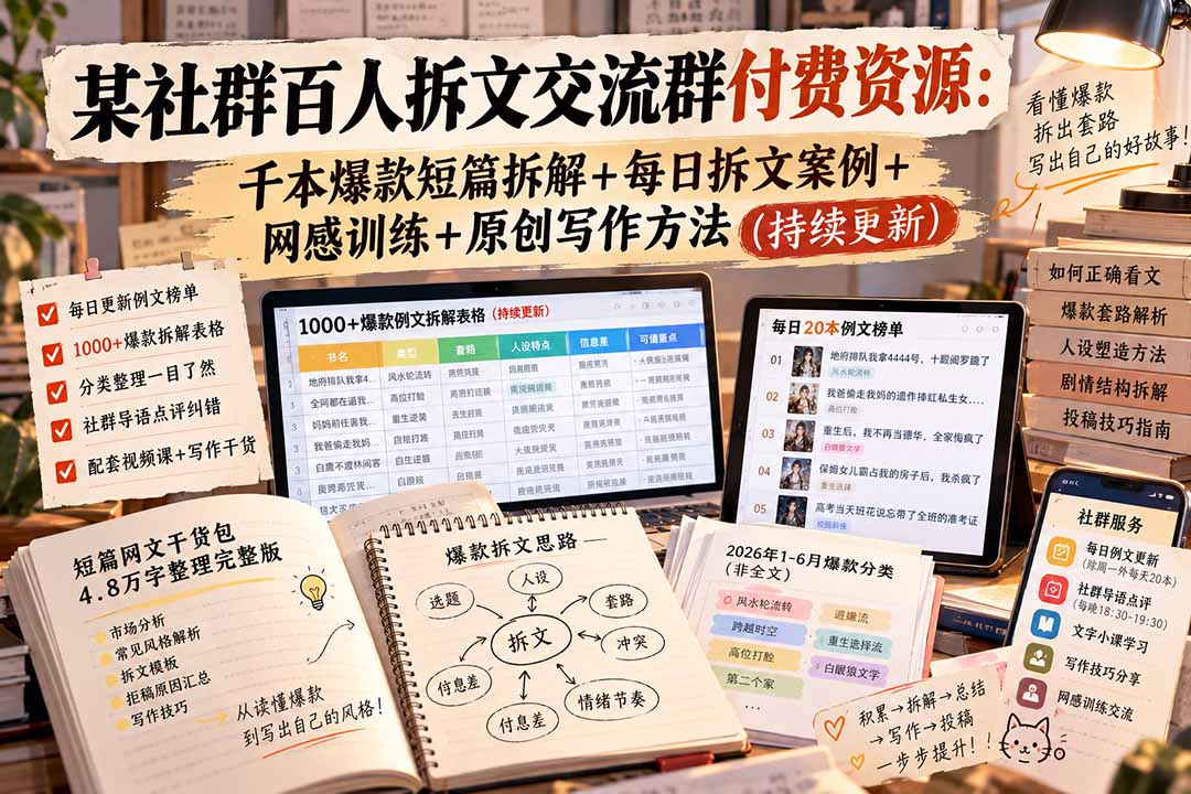 某社群百人拆文交流群付费资源-更新0929:千本爆款短篇拆解+每日拆文案例+网感训练+原创写作方法-阿灿学库