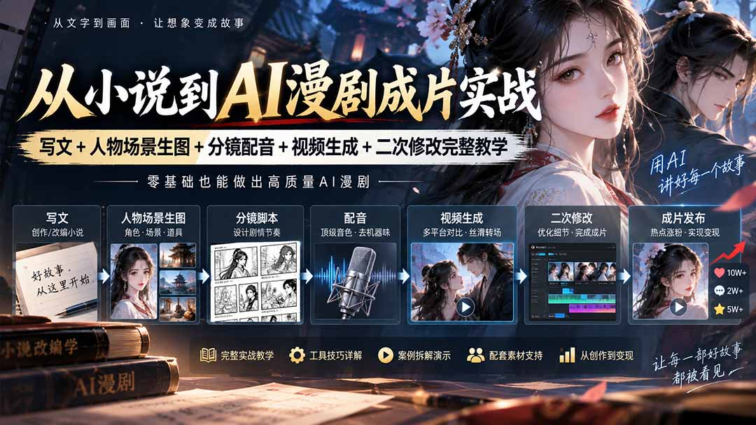 从小说到AI漫剧成片实战:写文+人物场景生图+分镜配音+视频生成+二次修改完整教学-阿灿学库
