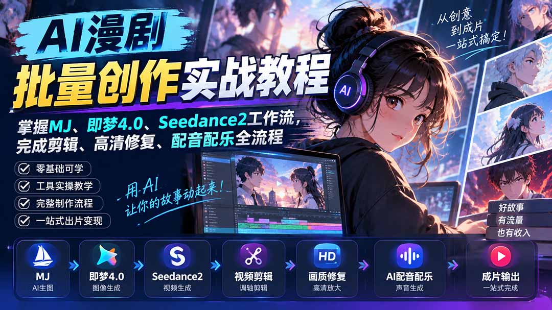 AI漫剧批量创作实战教程：掌握MJ、即梦4.0、Seedance2工作流，完成剪辑、高清修复、配音配乐全流程-阿灿学库