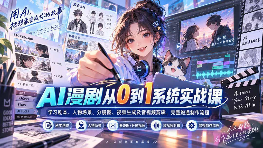 AI漫剧从0到1系统实战课:学习剧本、人物场景、分镜图、视频生成及音视频剪辑,完整跑通制作流程-阿灿学库