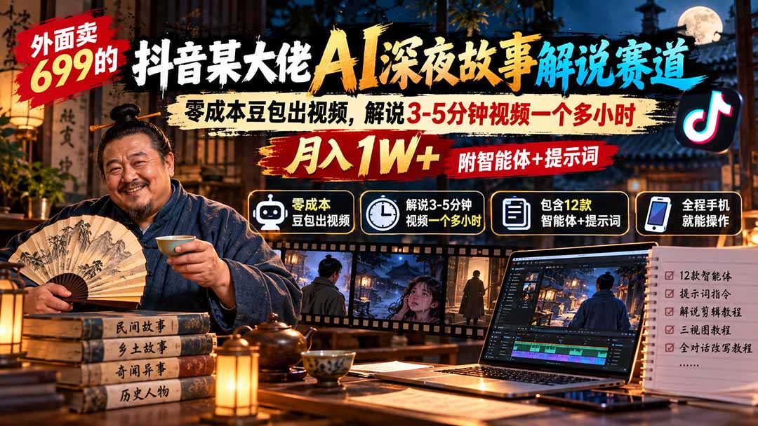 外面卖699的抖音某大佬AI深夜故事解说赛道:零成本豆包出视频,解说3-5分钟视频一个多小时,月入1W+附智能体+提示词-阿灿学库