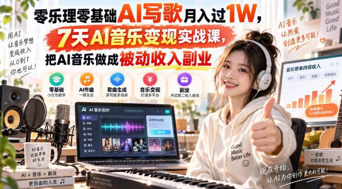 零乐理零基础AI写歌月入过1W，7天AI音乐变现实战课，把AI音乐做成被动收入副业-阿灿学库