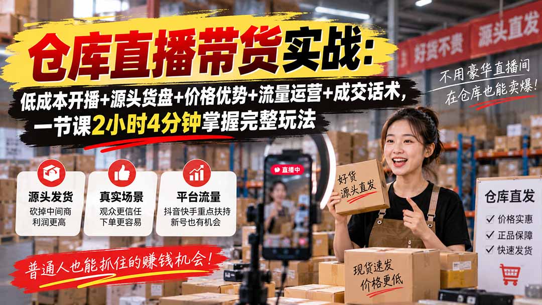 仓库直播带货实战：低成本开播+源头货盘+价格优势+流量运营+成交话术，一节课2小时4分钟掌握完整玩法-阿灿学库