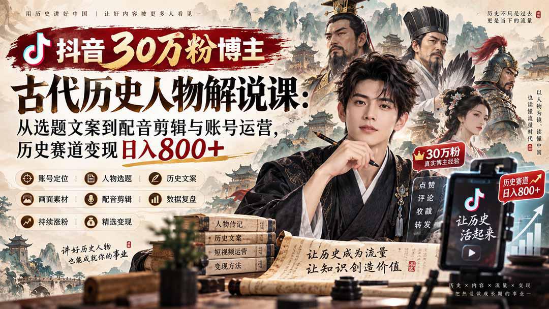 抖音30万粉博主古代历史人物解说课:从选题文案到配音剪辑与账号运营,历史赛道变现日入800+-阿灿学库