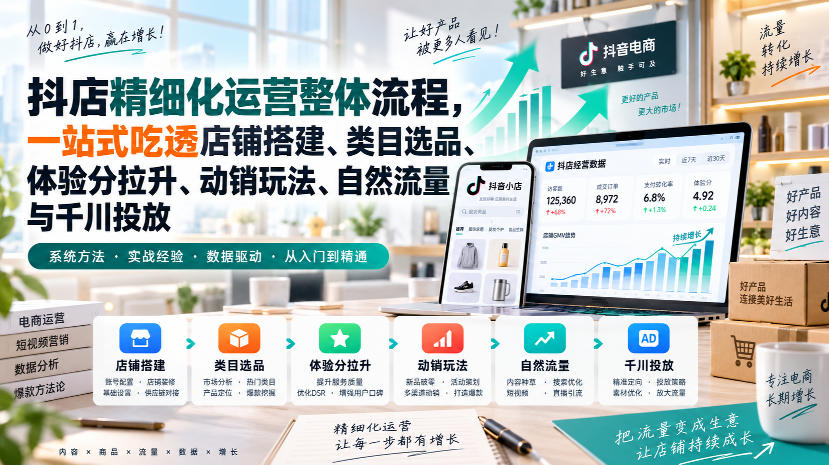 李哥电商-抖店精细化运营整体流程，一站式吃透店铺搭建、类目选品、体验分拉升、动销玩法、自然流量与千川投放-阿灿学库