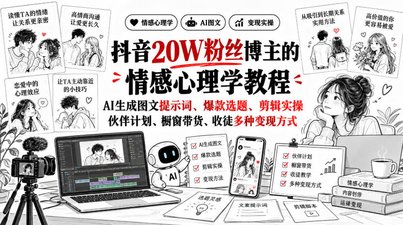 抖音20W粉丝博主静候心声的情感心理学教程，AI生成图文提示词、爆款选题、剪辑实操，伙伴计划、橱窗带货、收徒多种变现方式-阿灿学库