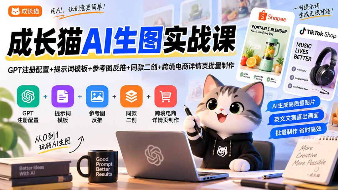 成长猫AI生图实战课｜GPT注册配置+提示词模板+参考图反推+同款二创+跨境电商详情页批量制作-阿灿学库