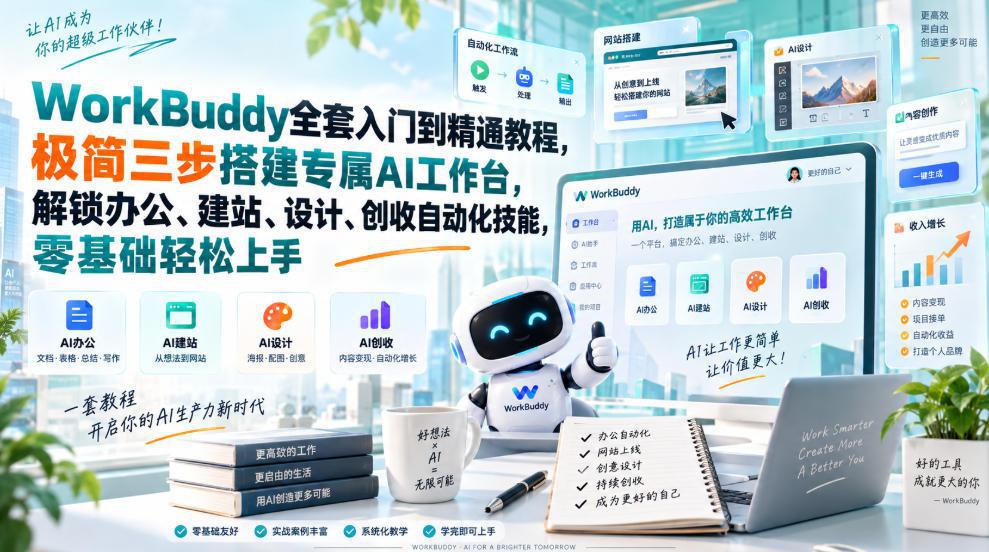 WorkBuddy全套入门到精通教程，极简三步搭建专属AI工作台，解锁办公、建站、设计、创收自动化技能，零基础轻松上手-阿灿学库