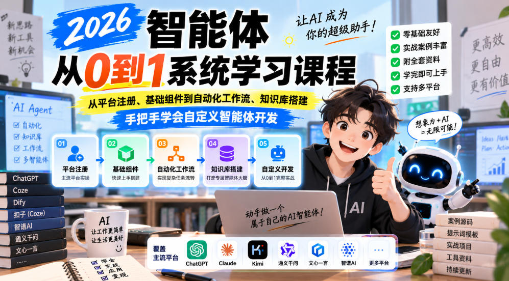 2026智能体从0到1系统学习课程，从平台注册、基础组件到自动化工作流、知识库搭建，手把手学会自定义智能体开发-阿灿学库