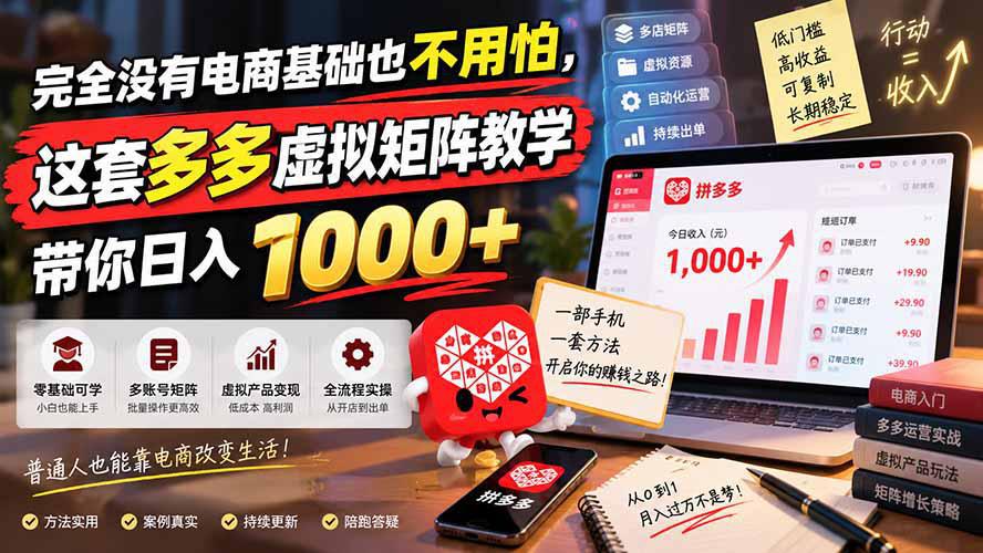 完全没有电商基础也不用怕，这套多多虚拟矩阵教学带你日入 1000+-阿灿学库