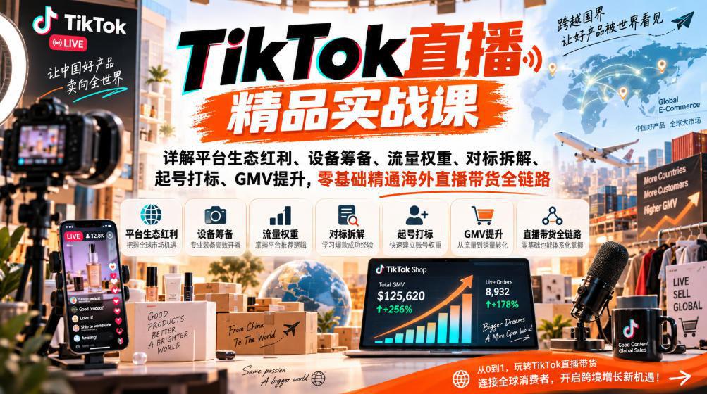 TikTok直播精品实战课，详解平台生态红利、设备筹备、流量权重、对标拆解、起号打标、GMV提升，零基础精通海外直播带货全链路-阿灿学库