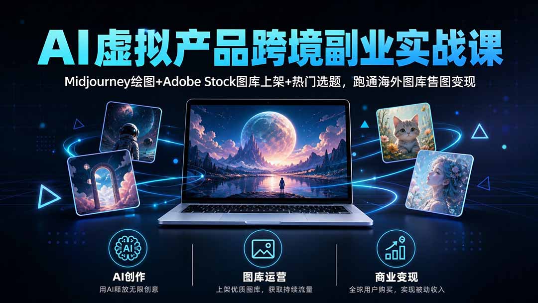 AI虚拟产品跨境副业实战课｜Midjourney绘图+Adobe Stock图库上架+热门选题，跑通海外图库售图变现-阿灿学库