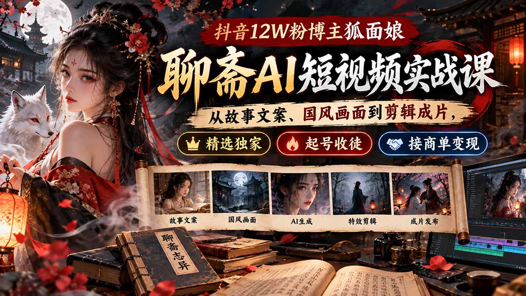 抖音12W粉博主狐面娘-聊斋AI短视频实战课:从故事文案、国风画面到剪辑成片,精选独家+起号收徒+接商单变现-阿灿学库