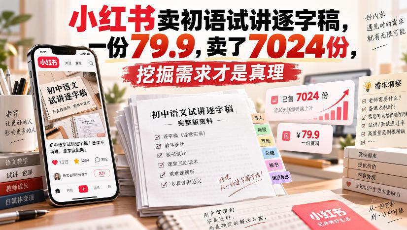小红书卖初语试讲逐字稿，一份79.9，卖了7024份，挖掘需求才是真理-阿灿学库