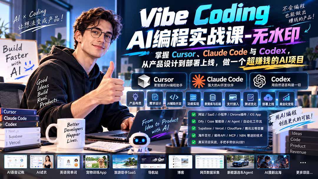 Vibe Coding AI编程实战课-无水印:掌握Cursor、Claude Code与Codex,从产品设计到部署上线,做一个超赚钱的AI项目-阿灿学库