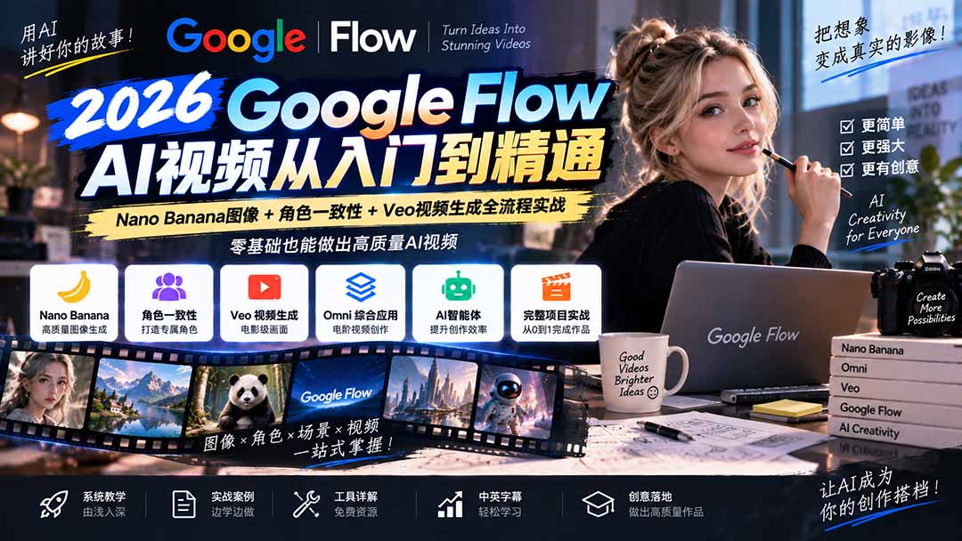 【无水印】Google Flow AI视频从入门到精通：Nano Banana图像+角色一致性+Veo视频生成全流程实战-精翻中英字幕-阿灿学库