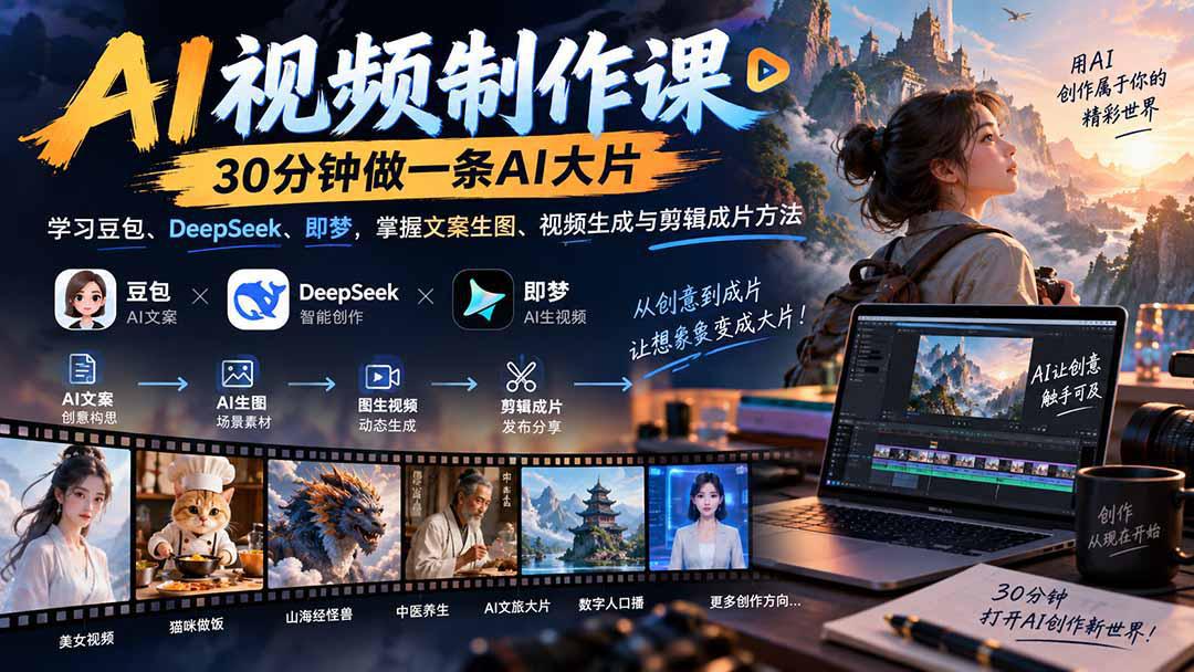 AI视频制作课-30分钟做一条AI大片:学习豆包、DeepSeek、即梦,掌握文案生图、视频生成与剪辑成片方法-阿灿学库