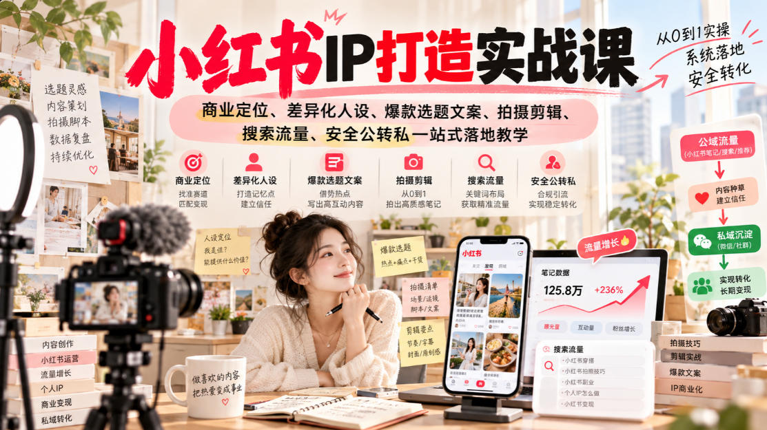 小红书ip打造实战课,商业定位、差异化人设、爆款选题文案、拍摄剪辑、搜索流量、安全公转私一站式落地教学-阿灿学库