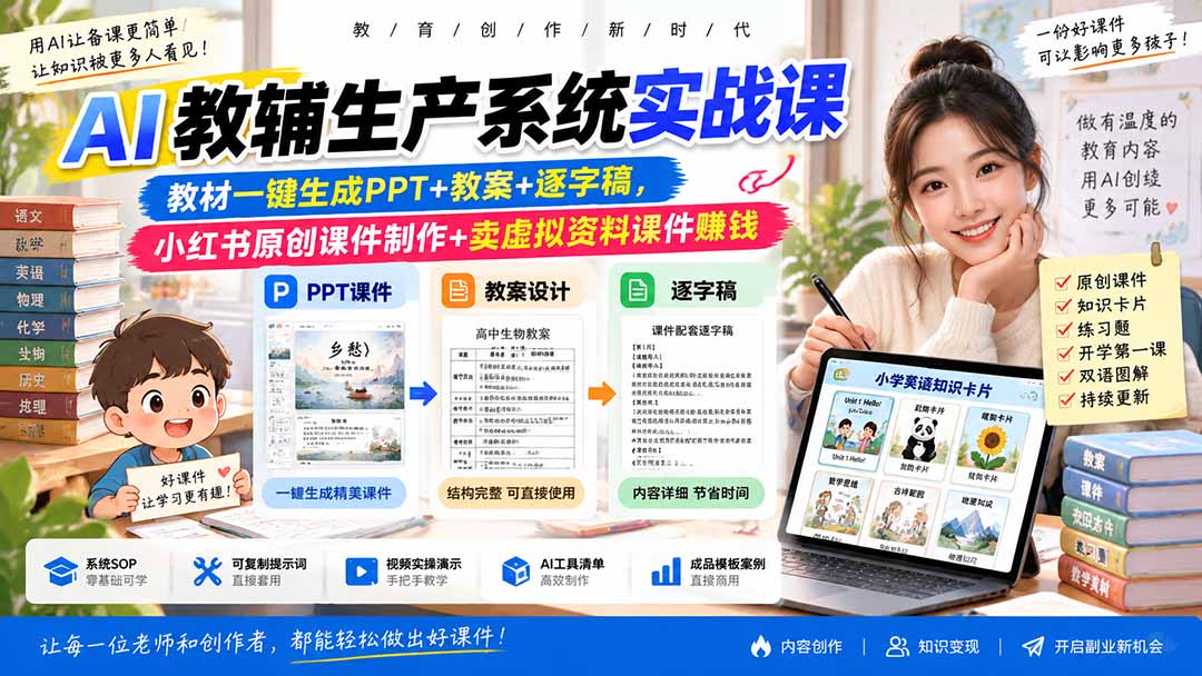 AI教辅生产系统实战课｜教材一键生成PPT+教案+逐字稿，小红书原创课件制作+卖虚拟资料课件赚钱-阿灿学库