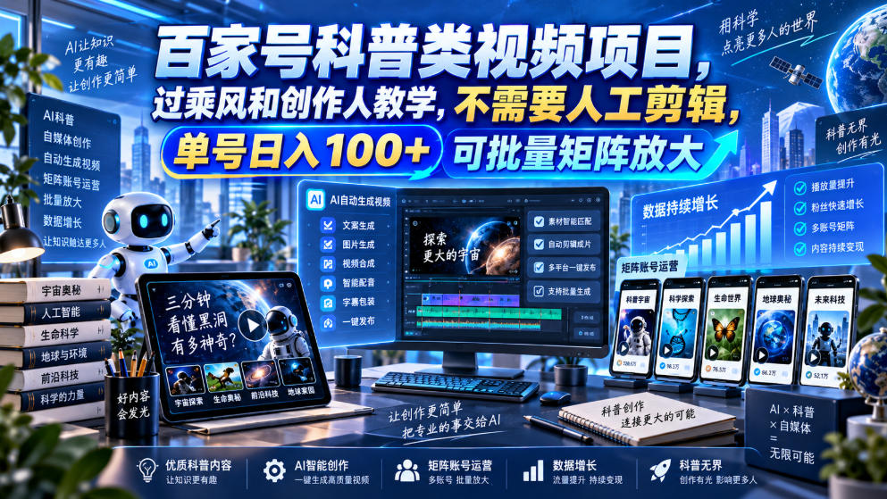 百家号科普类视频项目，过乘风和创作人教学，不需要人工剪辑，单号日入100+可批量矩阵放大-阿灿学库
