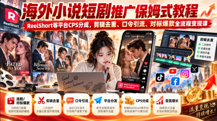 海外小说短剧推广保姆式教程｜ReelShort等平台CPS分成，剪辑去重、口令引流、对标爆款全流程变现课-阿灿学库