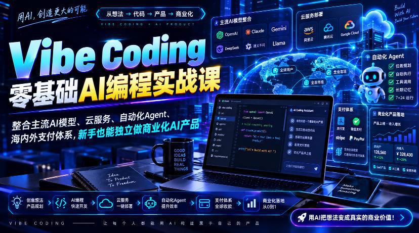 Vibe Coding零基础AI编程实战课-无水印,整合主流AI模型、云服务、自动化Agent、海内外支付体系,新手也能独立做商业化AI产品-阿灿学库