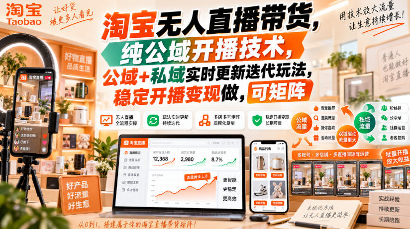 淘宝无人直播带货,纯公域开播技术,公域+私域实时更新迭代玩法,稳定开播变现做,可矩阵【揭秘】-阿灿学库