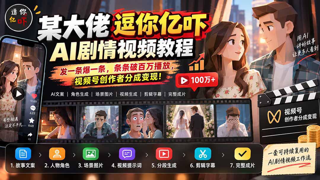 某大佬逗你亿吓AI低模剧情视频制作教程:发一条爆一条,条条破百万播放,利用视频号创作者分成变现!-阿灿学库